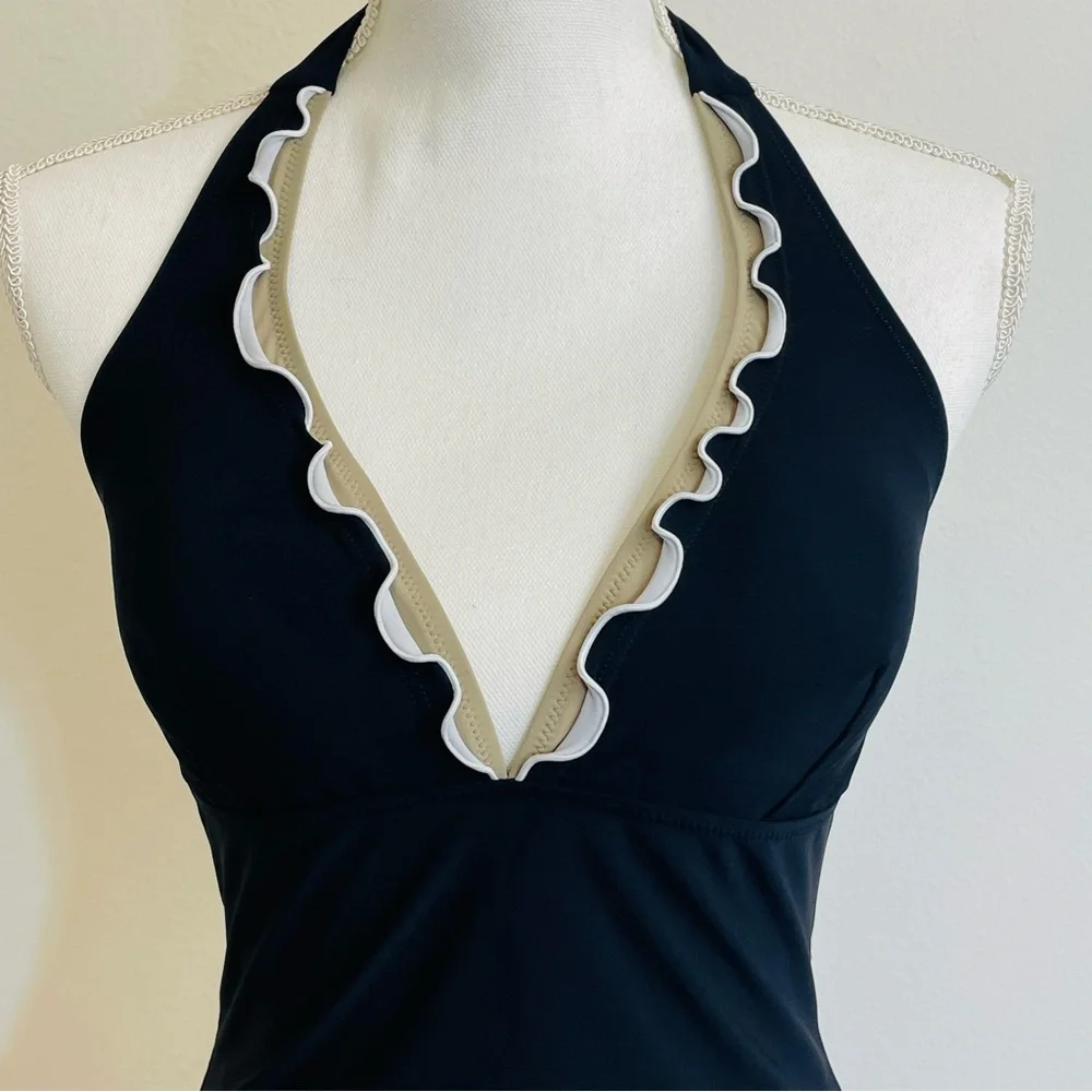 Profile by Gottex Blue‎ whie Ruffled 'Pretty Wild' One Piece Swim Dress size 10